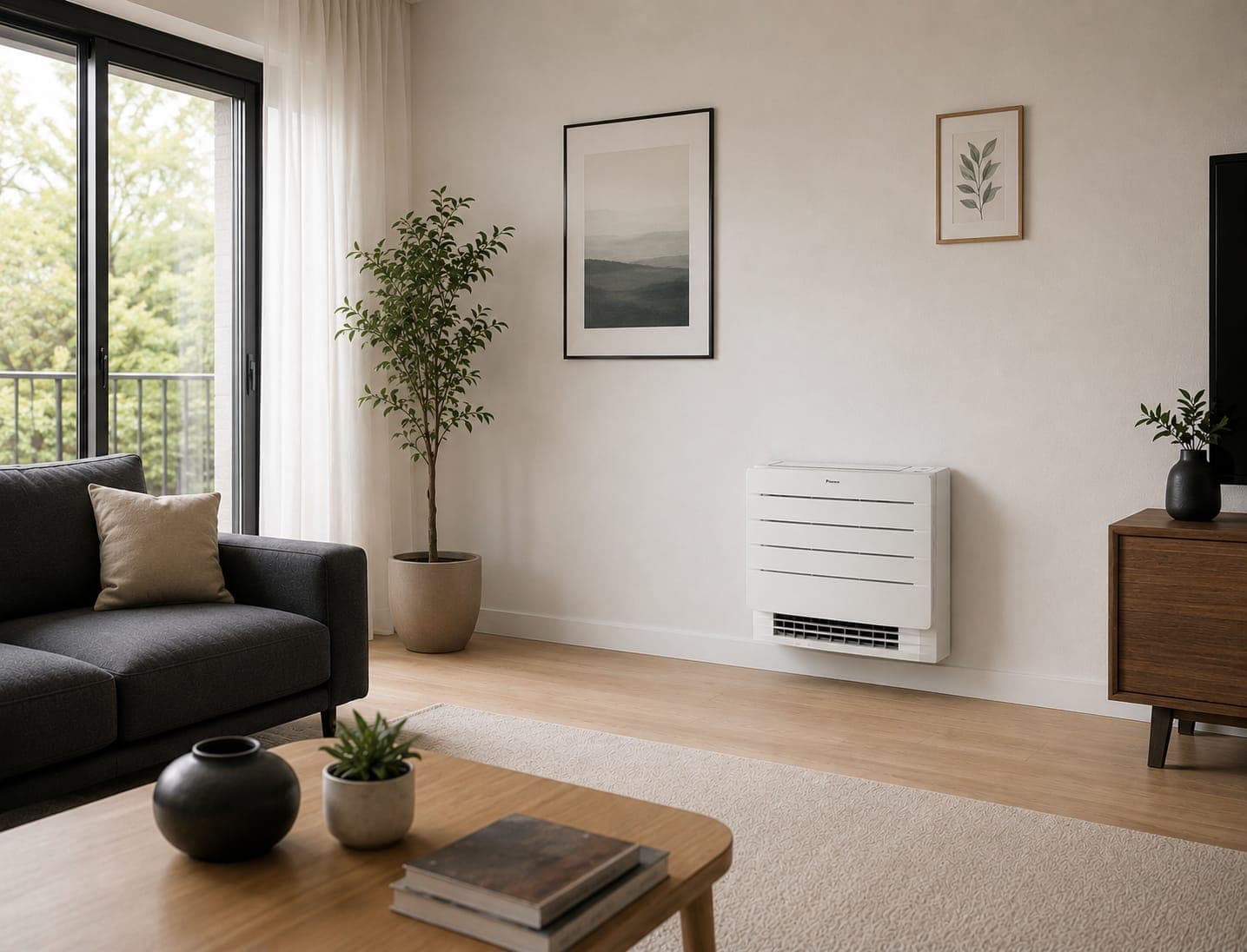 Climatiseur console posé au sol contre un mur