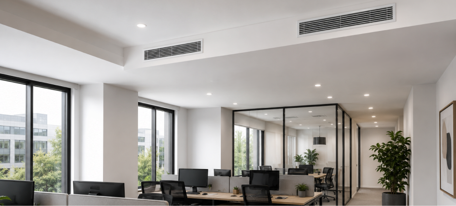 Grilles de soufflage gainable intégrées au plafond de bureaux modernes