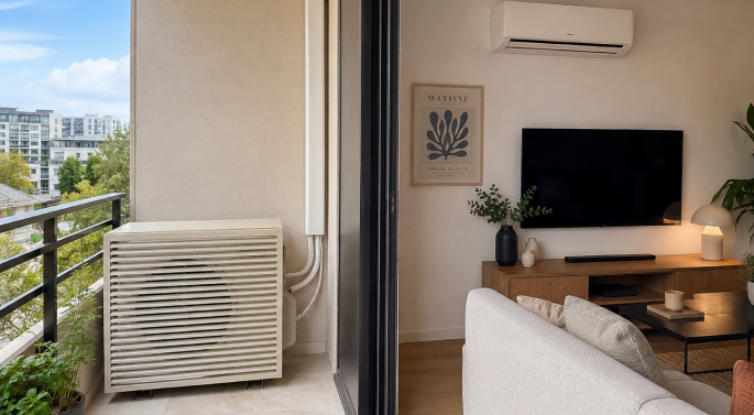 Unité extérieure de climatisation posée au sol sur un balcon