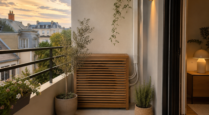 Cache-clim en bois masquant l'unité extérieure sur un balcon
